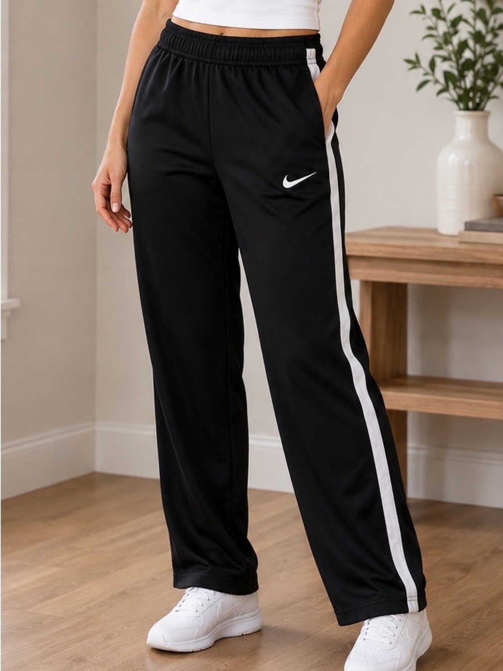 Nike Track Pants Size L Black w/ White Side Stripe Dri-FIT